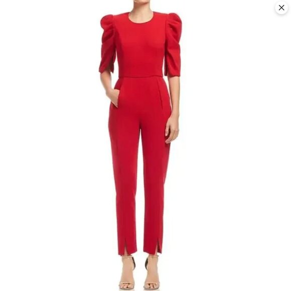 Black Halo Pants - Black Halo Russo Preppy Edgy Academia Red Puff 3/4 Sleeves Pockets Jumpsuit Sz10